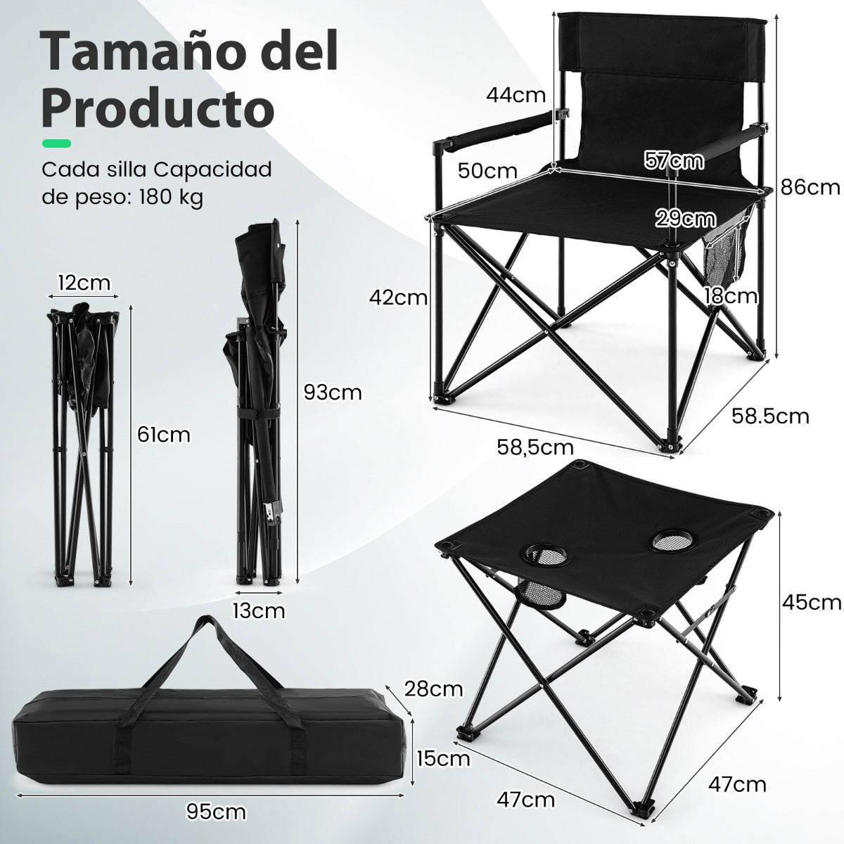 Juego de 2 Sillas de Jardín de Camping Plegable y Mesa Auxiliar con 2 Portavasos y Bolsa de Transporte para Pesca Picnic y Barbacoa Negro