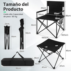 Juego de 2 Sillas de Jardín de Camping Plegable y Mesa Auxiliar con 2 Portavasos y Bolsa de Transporte para Pesca Picnic y Barbacoa Negro