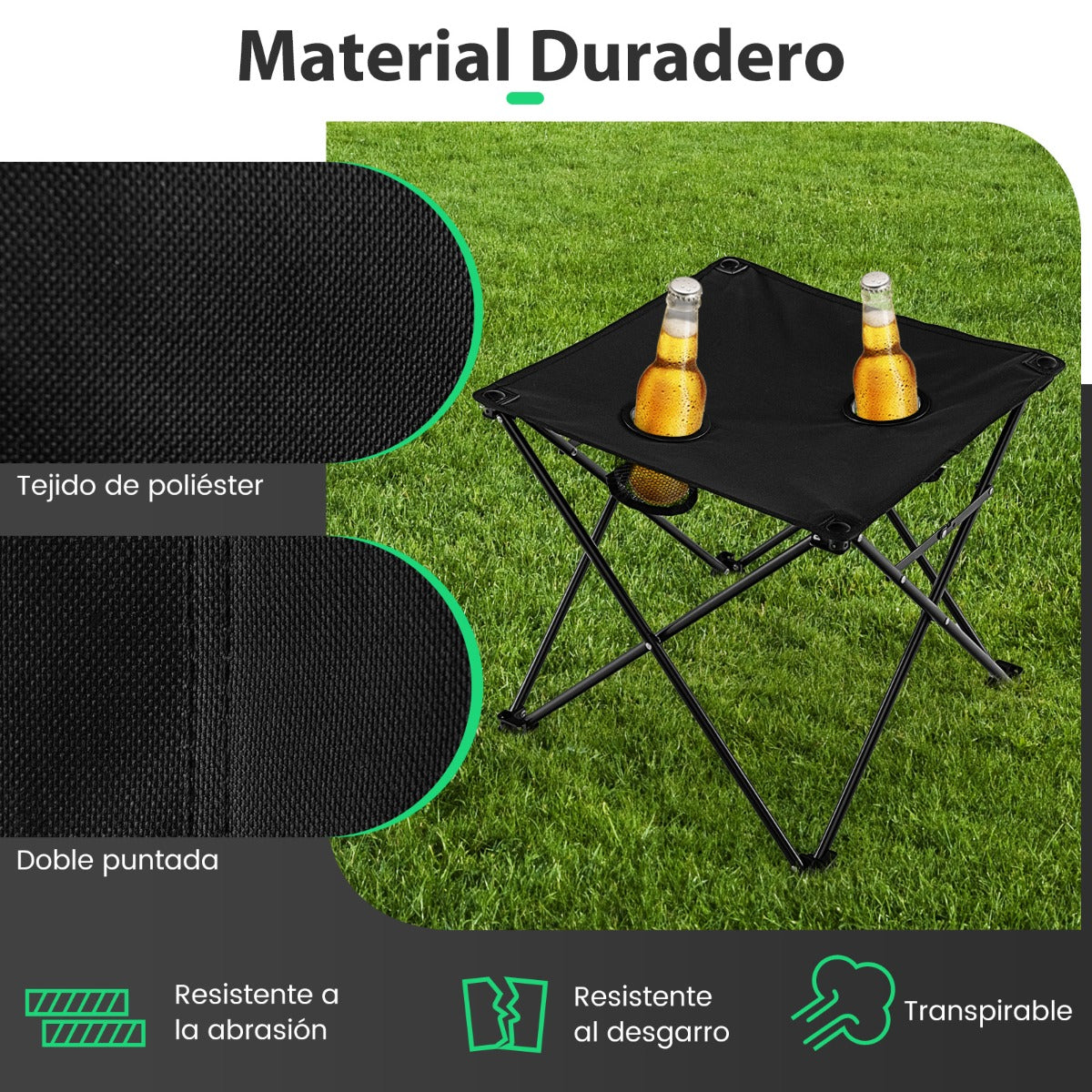Juego de 2 Sillas de Jardín de Camping Plegable y Mesa Auxiliar con 2 Portavasos y Bolsa de Transporte para Pesca Picnic y Barbacoa Negro