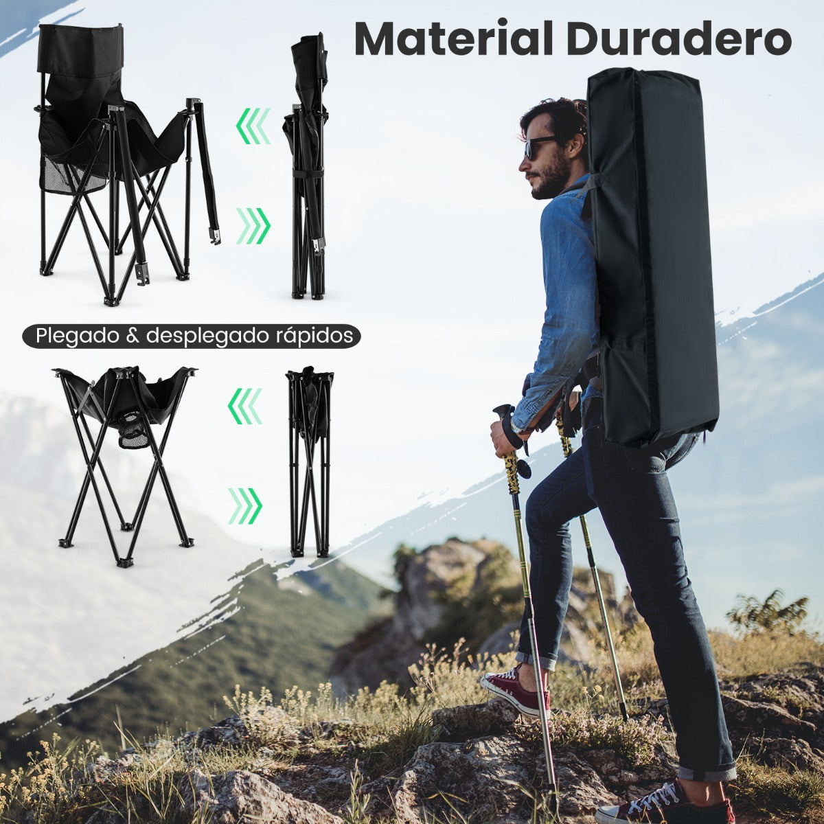 Juego de 2 Sillas de Jardín de Camping Plegable y Mesa Auxiliar con 2 Portavasos y Bolsa de Transporte para Pesca Picnic y Barbacoa Negro