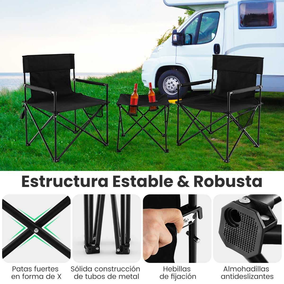 Juego de 2 Sillas de Jardín de Camping Plegable y Mesa Auxiliar con 2 Portavasos y Bolsa de Transporte para Pesca Picnic y Barbacoa Negro