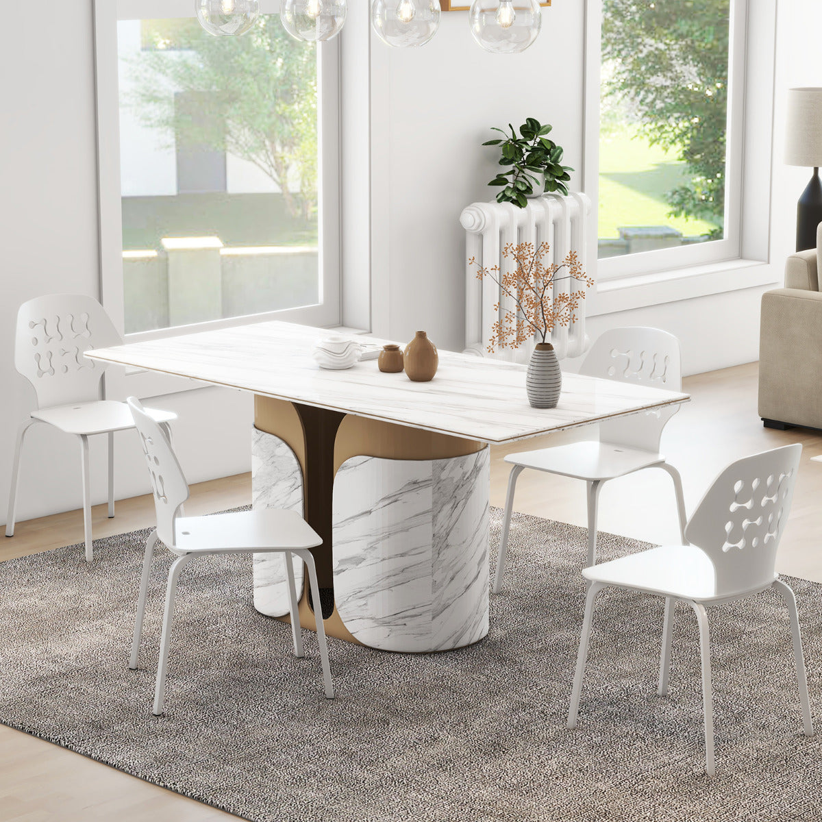 Juego de 4 Sillas de Comedor de Metal Modernas Sillas de Cocina con Respaldo Hueco y Patas de Metal Silla de Invitados sin Brazos Blanco