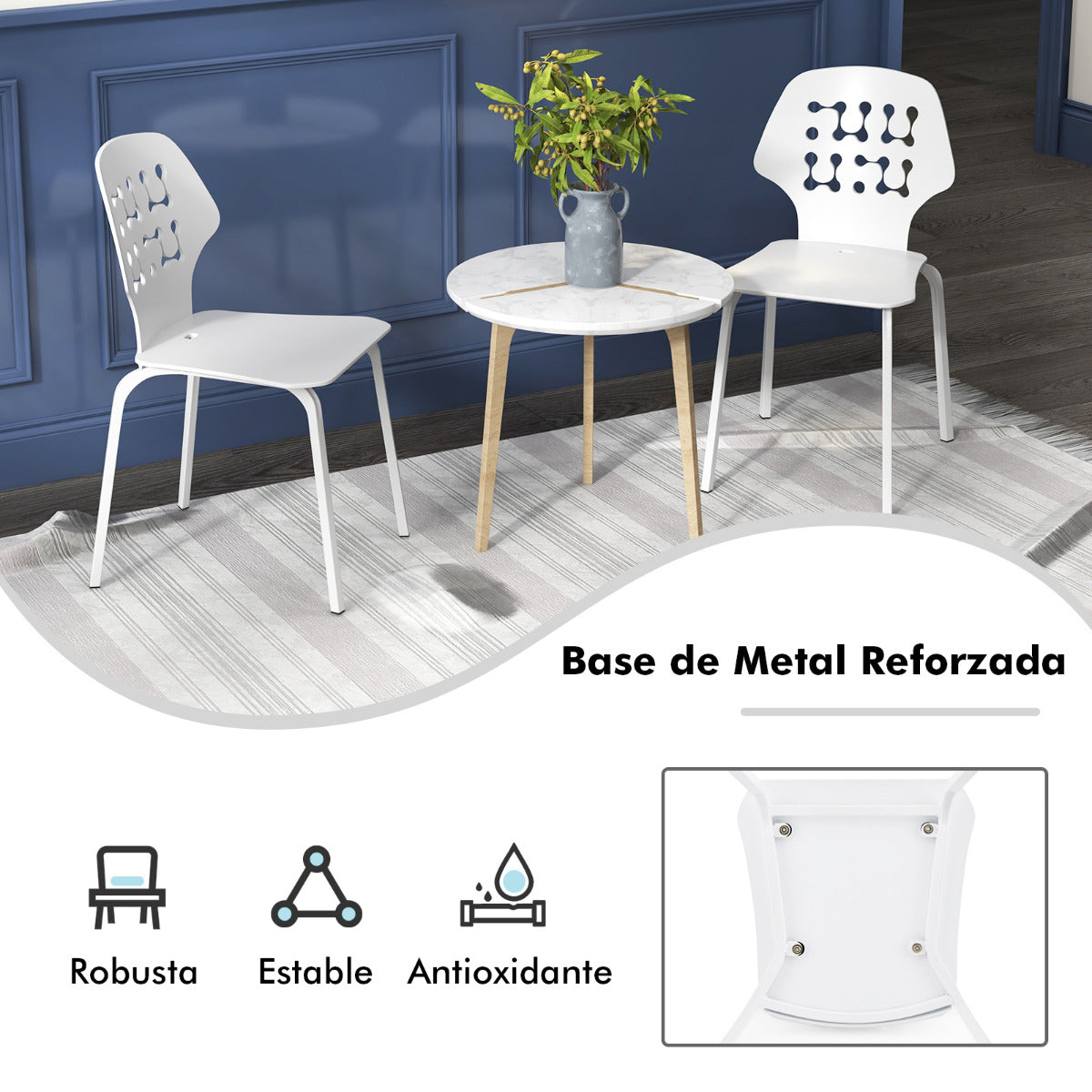 Juego de 4 Sillas de Comedor de Metal Modernas Sillas de Cocina con Respaldo Hueco y Patas de Metal Silla de Invitados sin Brazos Blanco