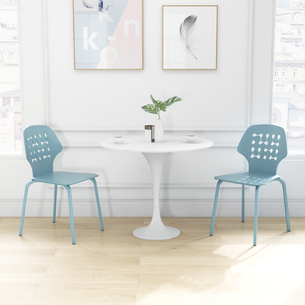 Juego de 4 Sillas de Comedor de Metal Modernas Sillas de Cocina con Respaldo Hueco y Patas de Metal Silla de Invitados sin Brazos Azul