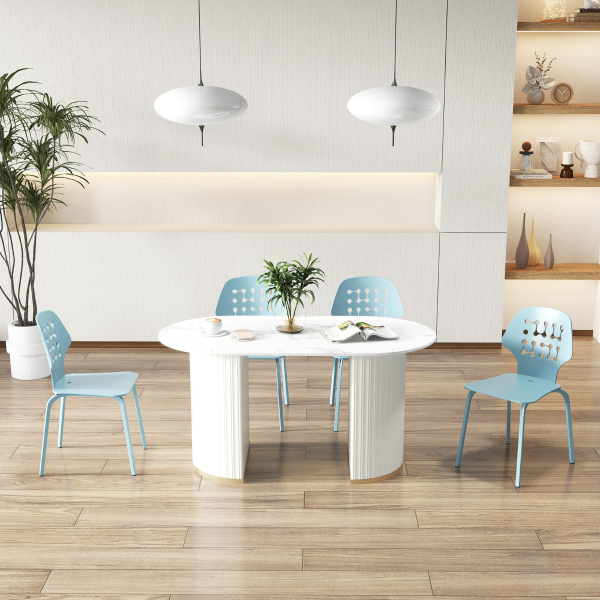 Juego de 4 Sillas de Comedor de Metal Modernas Sillas de Cocina con Respaldo Hueco y Patas de Metal Silla de Invitados sin Brazos Azul