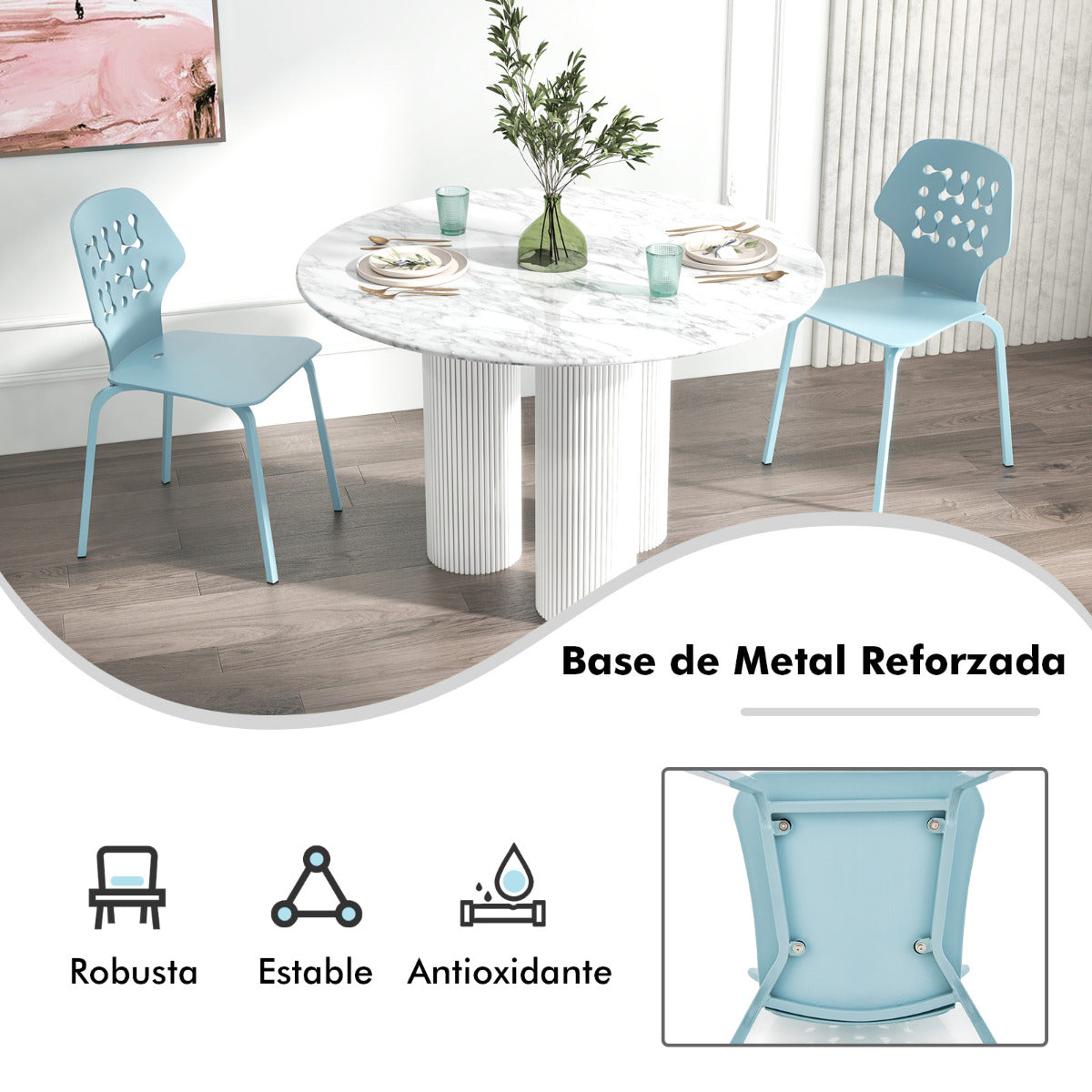 Juego de 4 Sillas de Comedor de Metal Modernas Sillas de Cocina con Respaldo Hueco y Patas de Metal Silla de Invitados sin Brazos Azul
