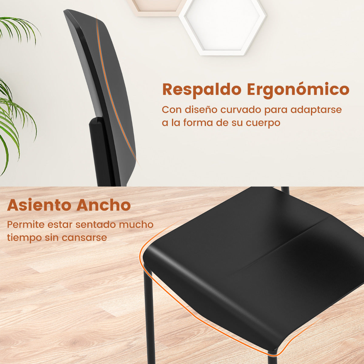 Juego de 4 Sillas sin Brazos con Respaldo Ergonómico y Asiento Ancho Sillas de Cocina Apilables para Comedor Carga de 160 kg Negro