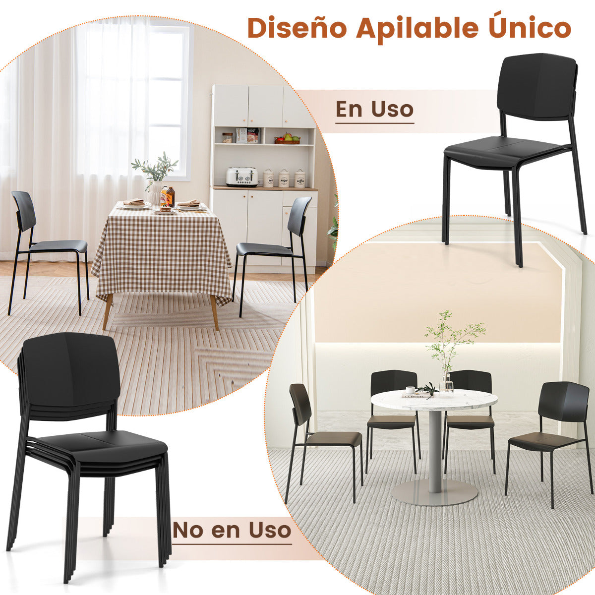 Juego de 4 Sillas sin Brazos con Respaldo Ergonómico y Asiento Ancho Sillas de Cocina Apilables para Comedor Carga de 160 kg Negro