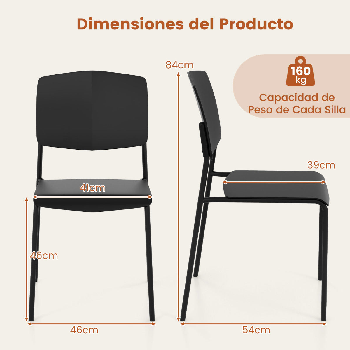 Juego de 4 Sillas sin Brazos con Respaldo Ergonómico y Asiento Ancho Sillas de Cocina Apilables para Comedor Carga de 160 kg Negro