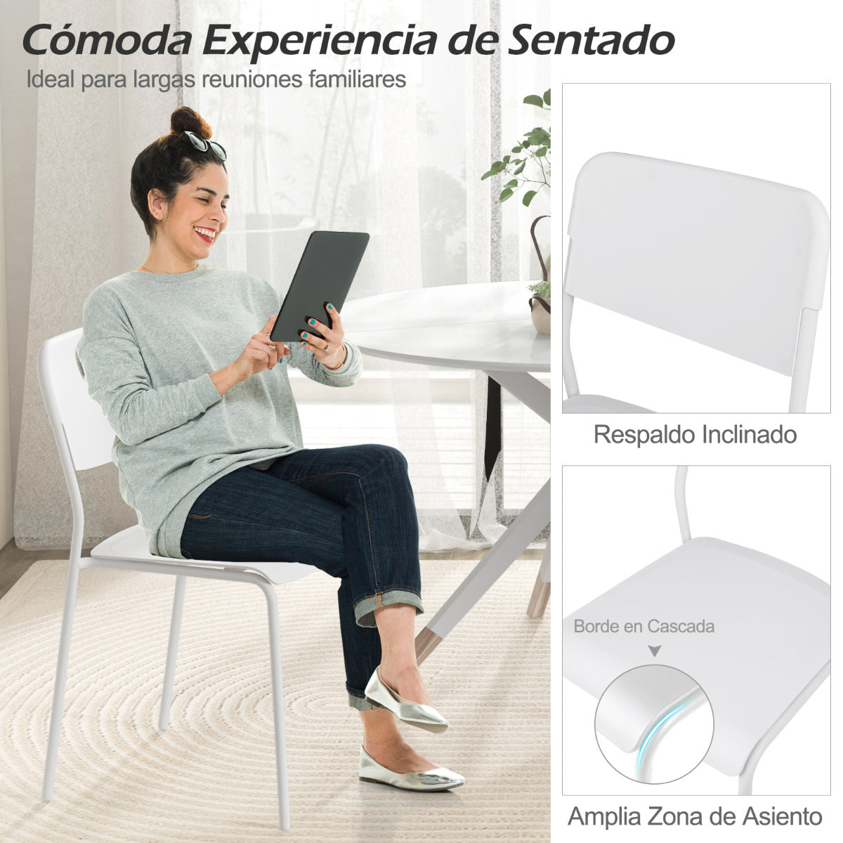 Juego de 4 Sillas Modernas Apilables de Plástico con Respaldo Inclinado Patas de Metal sin Brazos para Cocina Comedor Restaurante Blanco
