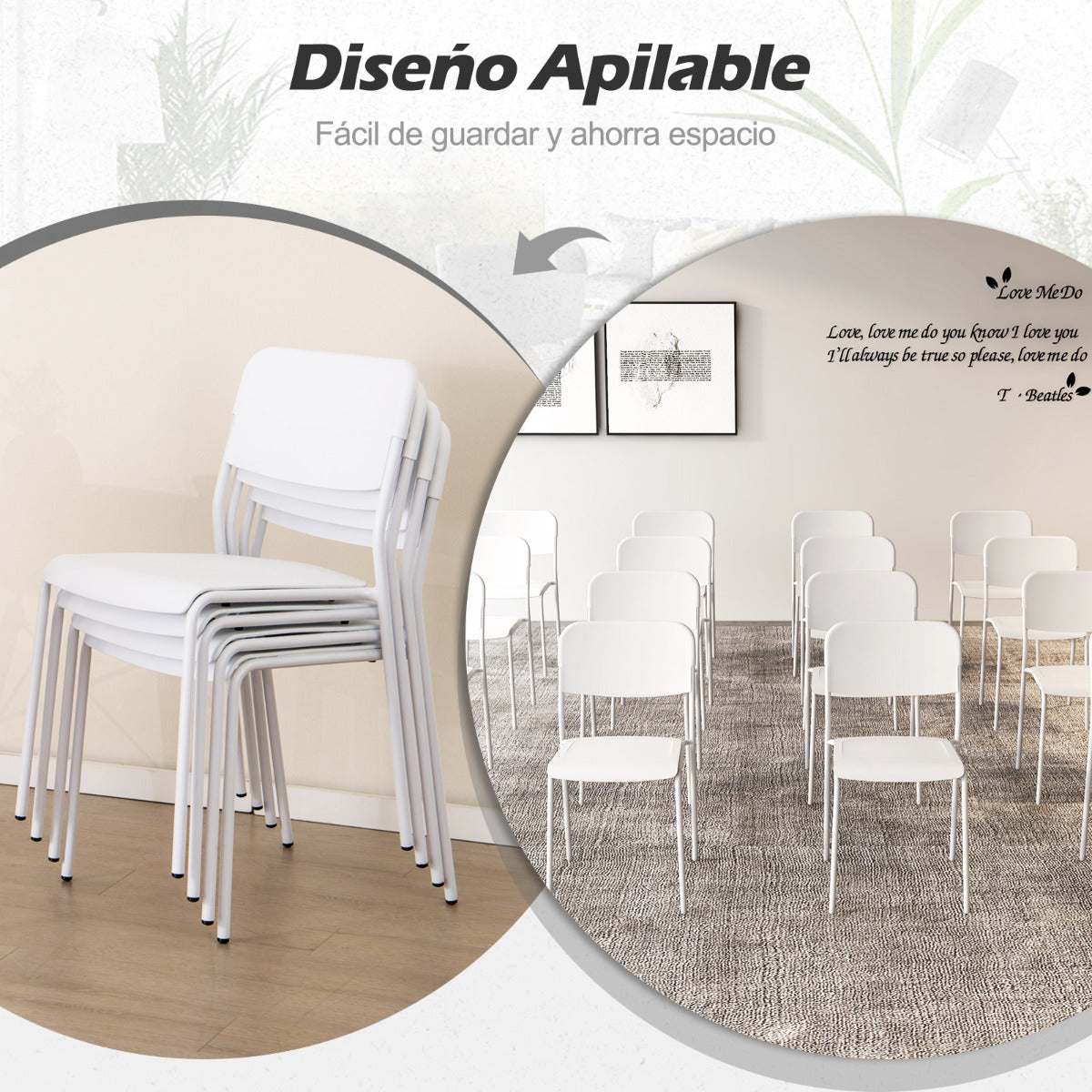 Juego de 4 Sillas Modernas Apilables de Plástico con Respaldo Inclinado Patas de Metal sin Brazos para Cocina Comedor Restaurante Blanco