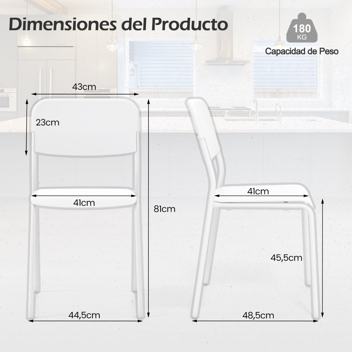 Juego de 4 Sillas Modernas Apilables de Plástico con Respaldo Inclinado Patas de Metal sin Brazos para Cocina Comedor Restaurante Blanco