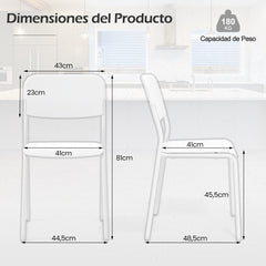 Juego de 4 Sillas Modernas Apilables de Plástico con Respaldo Inclinado Patas de Metal sin Brazos para Cocina Comedor Restaurante Blanco