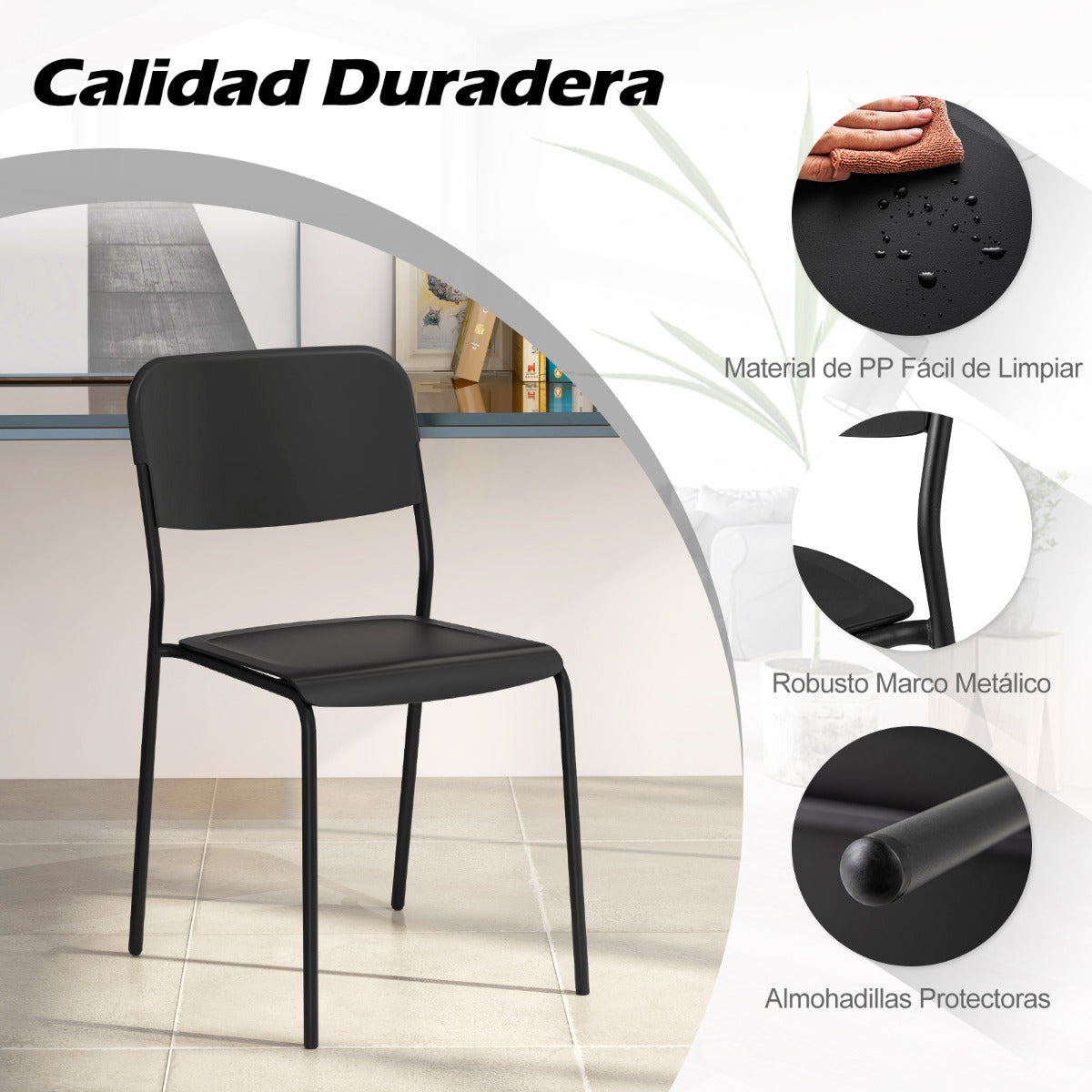 Juego de 4 Sillas Modernas Apilables de Plástico con Respaldo Inclinado Patas de Metal sin Brazos para Cocina Comedor Restaurante Negro