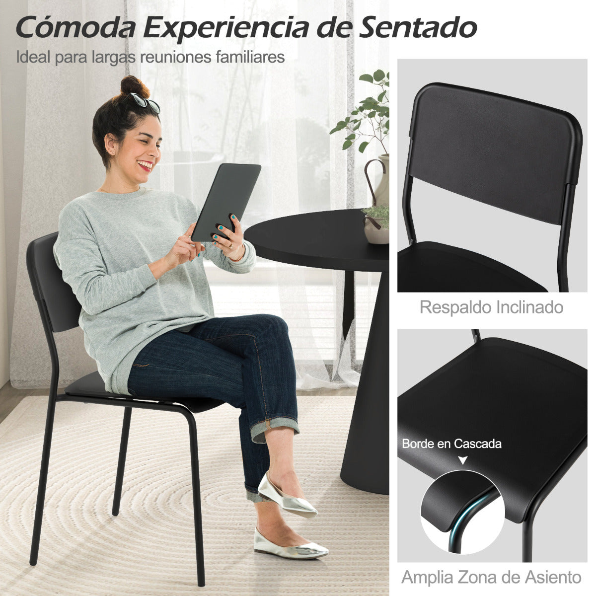 Juego de 4 Sillas Modernas Apilables de Plástico con Respaldo Inclinado Patas de Metal sin Brazos para Cocina Comedor Restaurante Negro