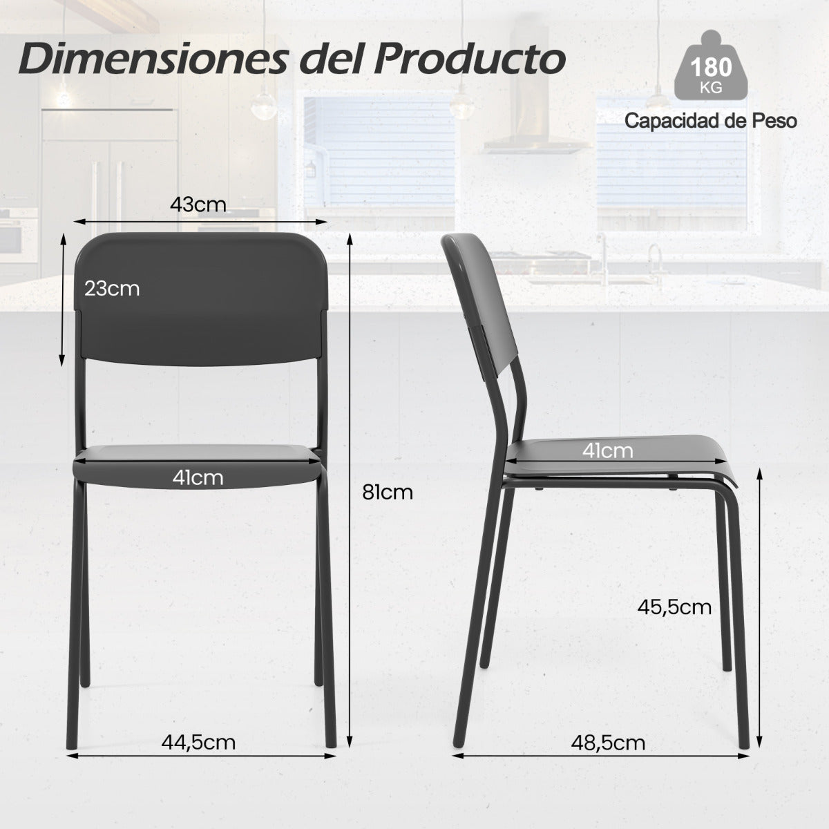 Juego de 4 Sillas Modernas Apilables de Plástico con Respaldo Inclinado Patas de Metal sin Brazos para Cocina Comedor Restaurante Negro