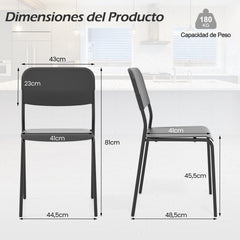 Juego de 4 Sillas Modernas Apilables de Plástico con Respaldo Inclinado Patas de Metal sin Brazos para Cocina Comedor Restaurante Negro