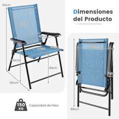 Juego de 4 Sillas Plegables para Patio Sillas Portátiles con Respaldo de Tela Marco de Metal para Terraza Piscina 65 x 60 x 93 cm Azul