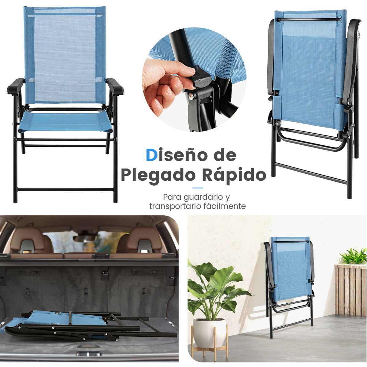 Juego de 4 Sillas Plegables para Patio Sillas Portátiles con Respaldo de Tela Marco de Metal para Terraza Piscina 65 x 60 x 93 cm Azul