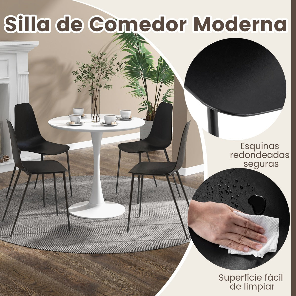 Juego de 4 Sillas de Bar sin Brazos con Patas de Metal Resistentes Almohadillas Antideslizante para Comedor 52,5 x 48,5 x 88 cm Negro