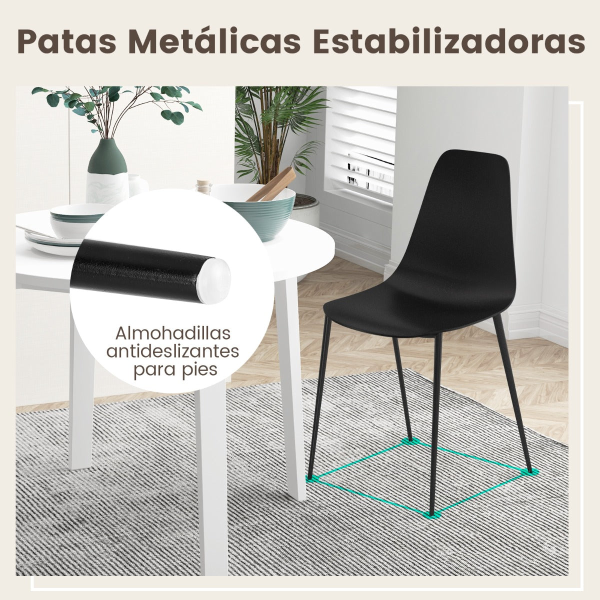Juego de 4 Sillas de Bar sin Brazos con Patas de Metal Resistentes Almohadillas Antideslizante para Comedor 52,5 x 48,5 x 88 cm Negro