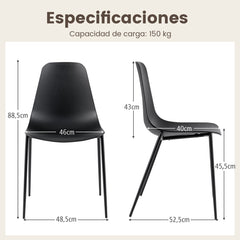 Juego de 4 Sillas de Bar sin Brazos con Patas de Metal Resistentes Almohadillas Antideslizante para Comedor 52,5 x 48,5 x 88 cm Negro