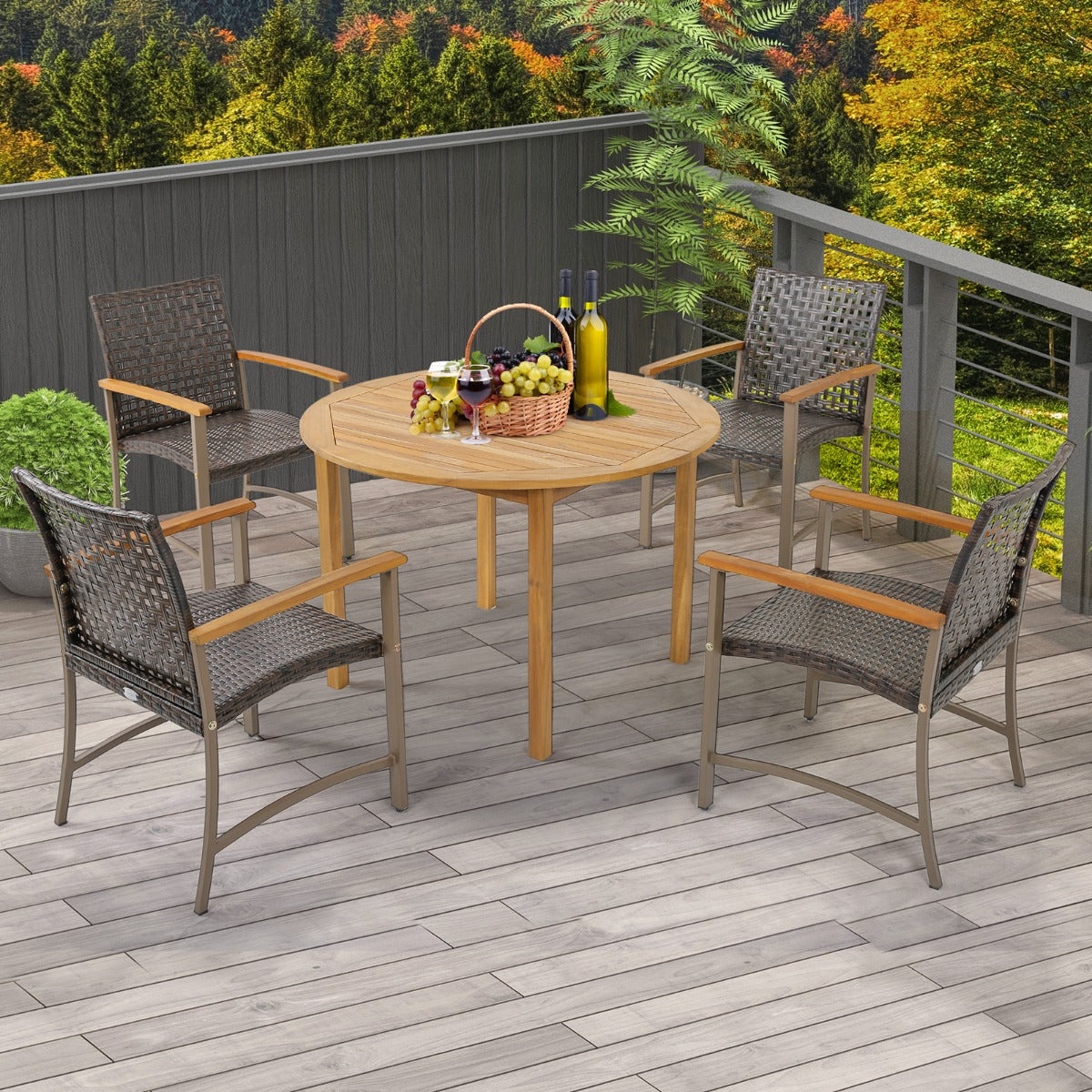 Juego de 4 Sillas de Ratán de Mimbre PE para Patio con Reposabrazos de Madera de Acacia Estructura de Metal Asiento Curvo Ergonómico