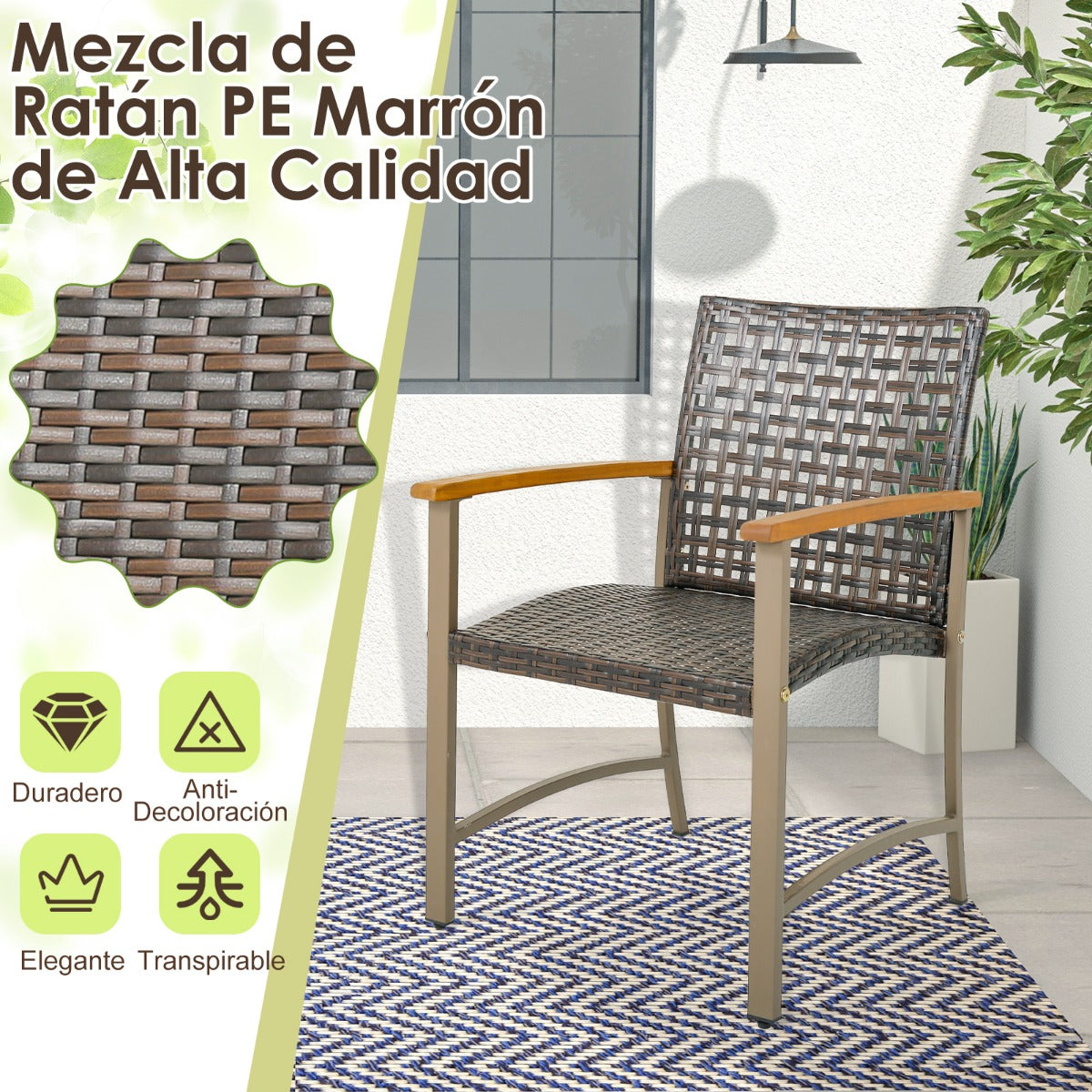 Juego de 4 Sillas de Ratán de Mimbre PE para Patio con Reposabrazos de Madera de Acacia Estructura de Metal Asiento Curvo Ergonómico