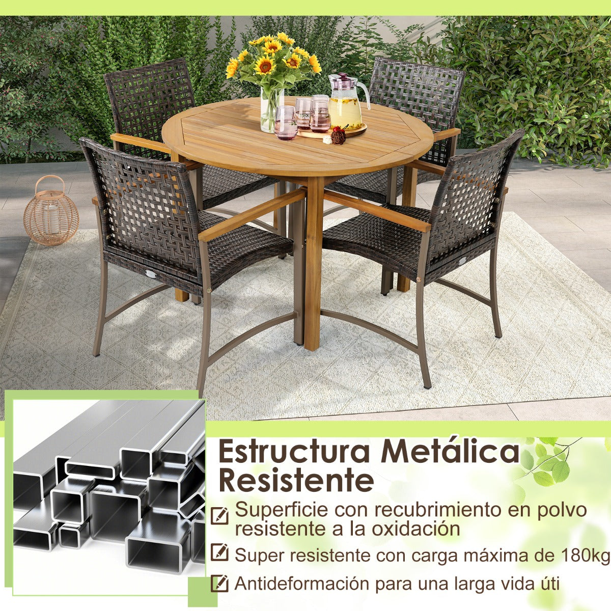 Juego de 4 Sillas de Ratán de Mimbre PE para Patio con Reposabrazos de Madera de Acacia Estructura de Metal Asiento Curvo Ergonómico