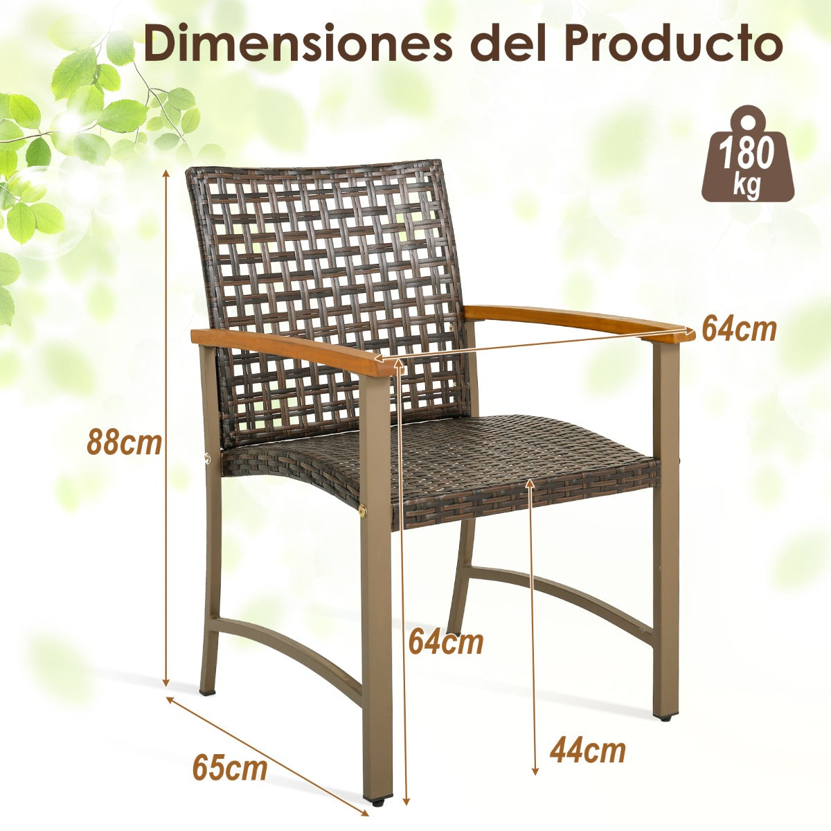 Juego de 4 Sillas de Ratán de Mimbre PE para Patio con Reposabrazos de Madera de Acacia Estructura de Metal Asiento Curvo Ergonómico