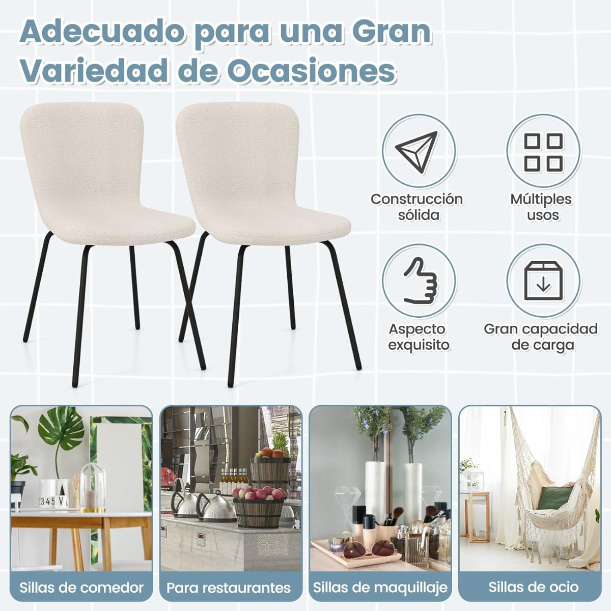 Juego de 4 Sillas Cosméticas Set de Silla Tapizada Moderna con Respaldo Patas de Metal para Sala de Estar Comedor 47 x 58 x 86 cm Beige