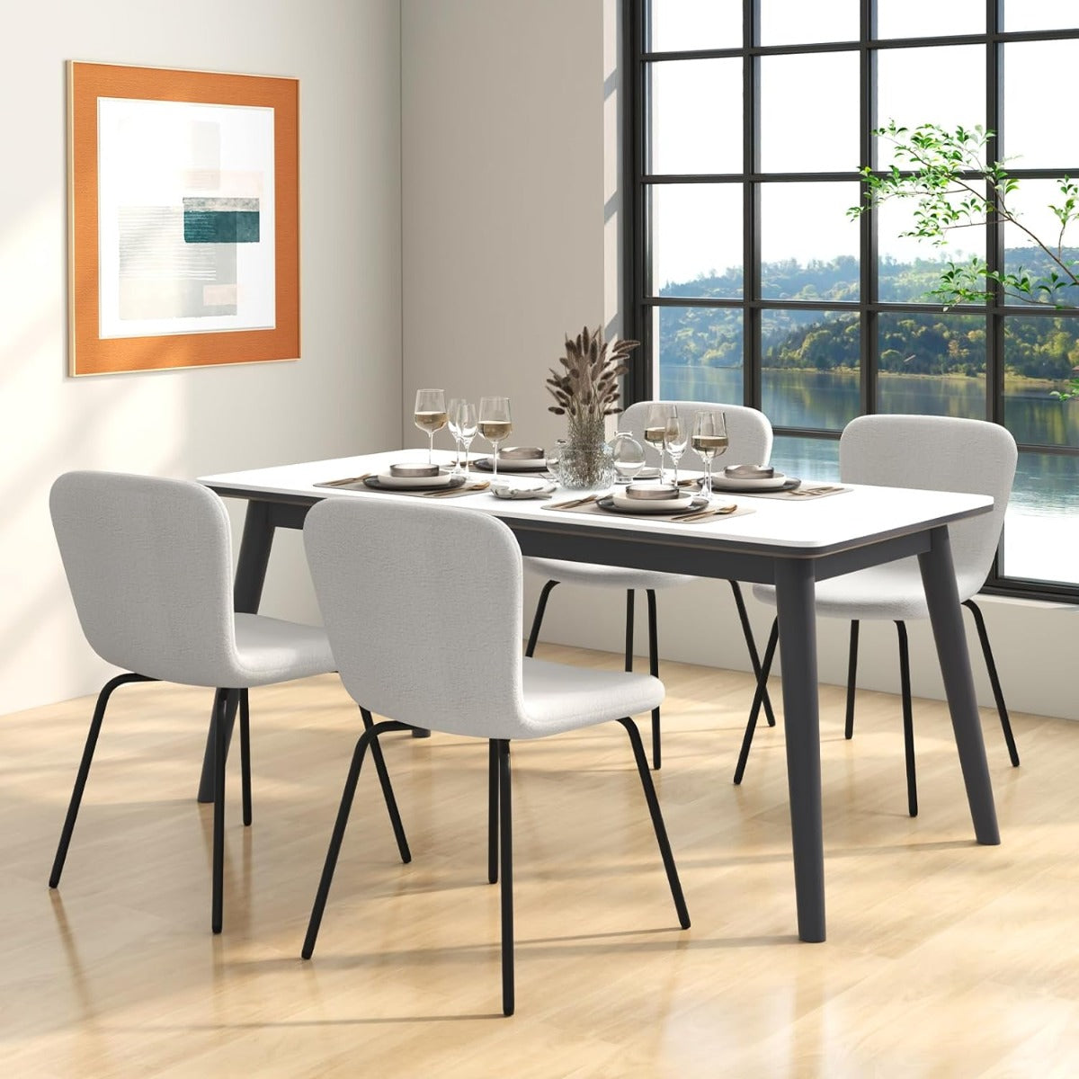 Juego de 4 Sillas Cosméticas Set de Silla Tapizada Moderna con Respaldo Patas de Metal para Sala de Estar Comedor 47 x 58 x 86 cm Beige