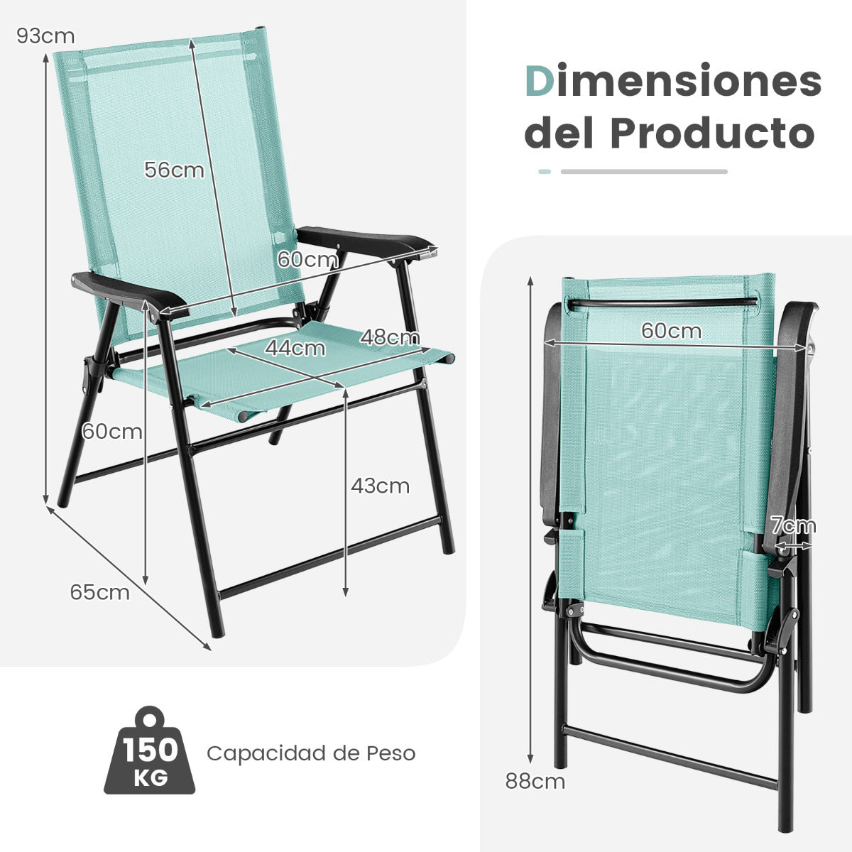 Juego de 4 Sillas Plegables para Patio Sillas Portátiles con Respaldo de Tela Marco de Metal para Terraza Piscina 65 x 60 x 93 cm Verde