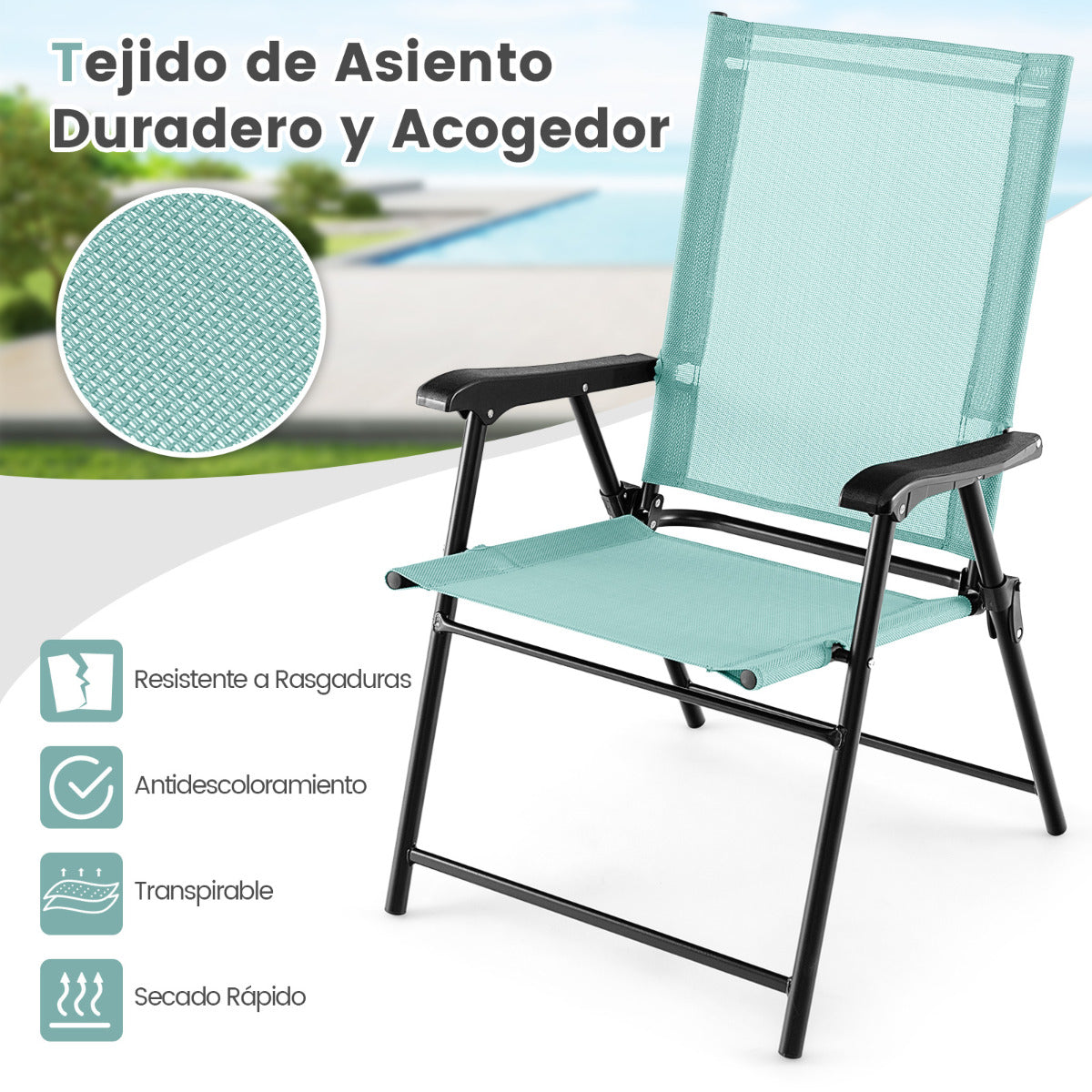 Juego de 4 Sillas Plegables para Patio Sillas Portátiles con Respaldo de Tela Marco de Metal para Terraza Piscina 65 x 60 x 93 cm Verde
