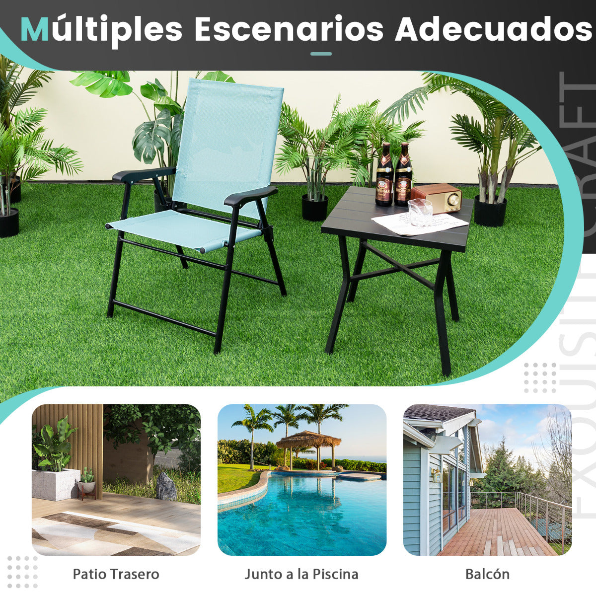Juego de 4 Sillas Plegables para Patio Sillas Portátiles con Respaldo de Tela Marco de Metal para Terraza Piscina 65 x 60 x 93 cm Verde