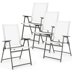 Juego de 4 Sillas Plegables de Patio Silla de Comedor de Respaldo Alto Tela Resistente Silla Metálica Portátil para Exterior Jardín Blanco