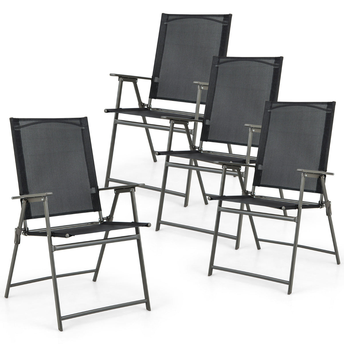 Juego de 4 Sillas Plegables de Patio Silla de Comedor de Respaldo Alto Tela Resistente Silla Metálica Portátil para Exterior Jardín Negro
