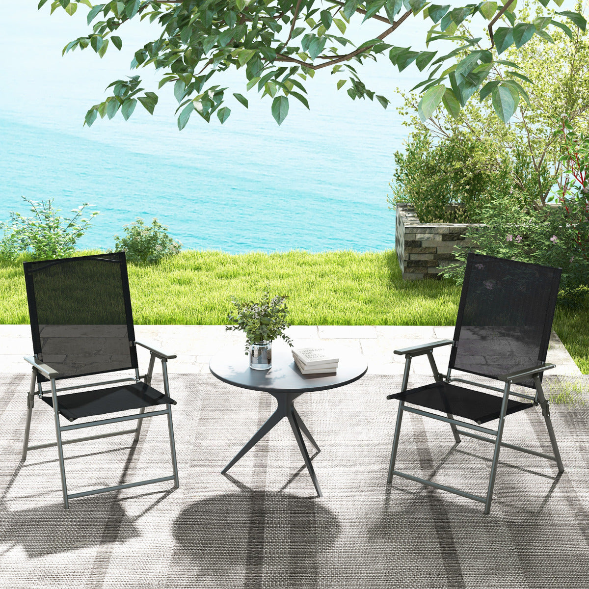 Juego de 2 Sillas Plegables de Patio Silla de Comedor de Respaldo Alto Tela Resistente Silla Metálica Portátil para Exterior Jardín Negro