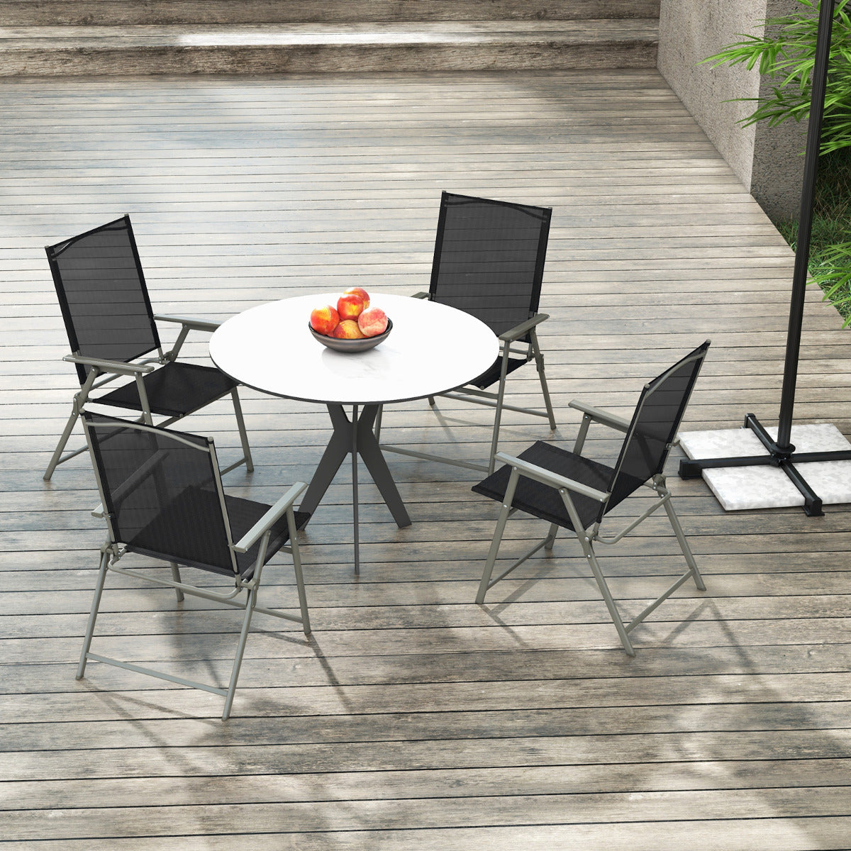Juego de 4 Sillas Plegables de Patio Silla de Comedor de Respaldo Alto Tela Resistente Silla Metálica Portátil para Exterior Jardín Negro