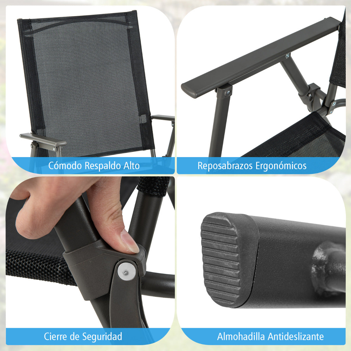 Juego de 2 Sillas Plegables de Patio Silla de Comedor de Respaldo Alto Tela Resistente Silla Metálica Portátil para Exterior Jardín Negro