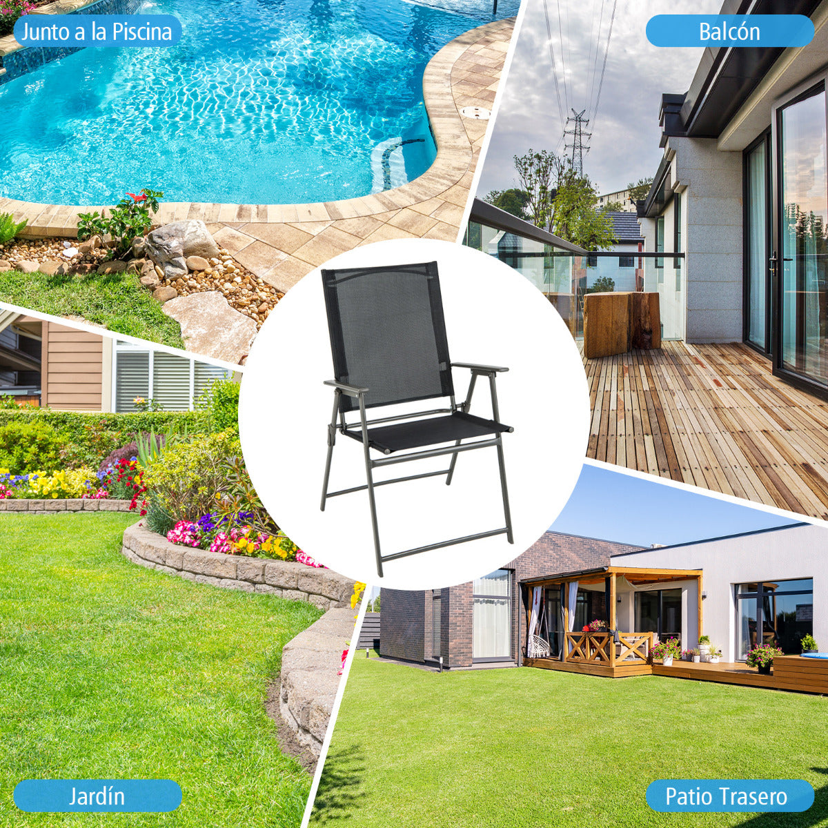 Juego de 2 Sillas Plegables de Patio Silla de Comedor de Respaldo Alto Tela Resistente Silla Metálica Portátil para Exterior Jardín Negro