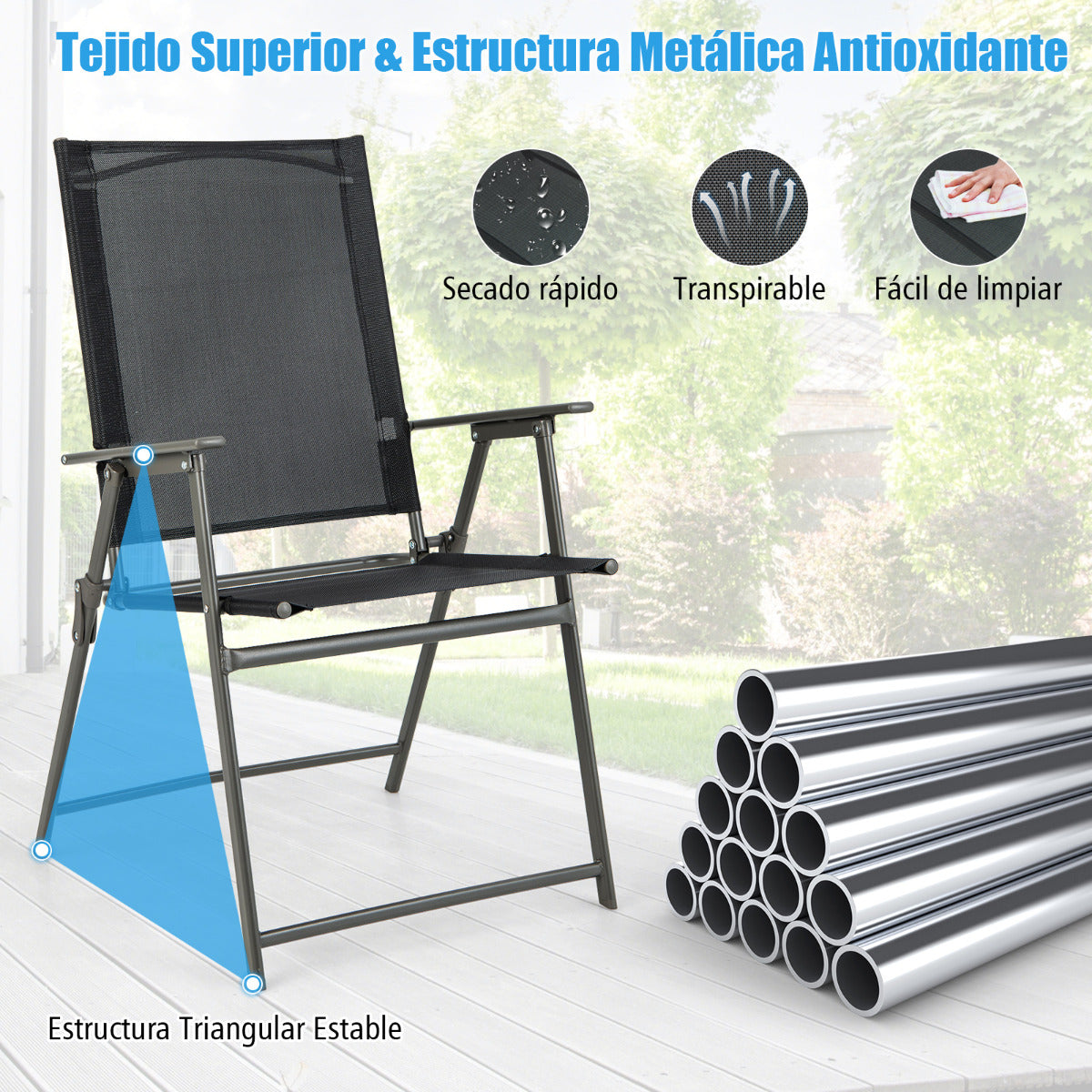 Juego de 2 Sillas Plegables de Patio Silla de Comedor de Respaldo Alto Tela Resistente Silla Metálica Portátil para Exterior Jardín Negro