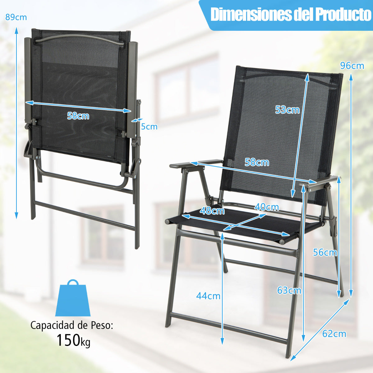 Juego de 2 Sillas Plegables de Patio Silla de Comedor de Respaldo Alto Tela Resistente Silla Metálica Portátil para Exterior Jardín Negro