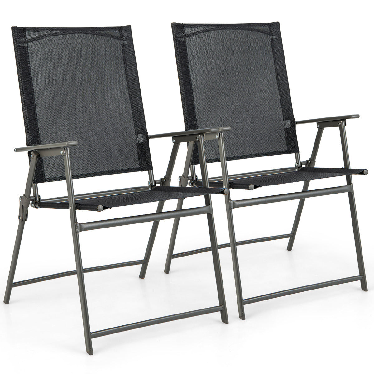Juego de 2 Sillas Plegables de Patio Silla de Comedor de Respaldo Alto Tela Resistente Silla Metálica Portátil para Exterior Jardín Negro