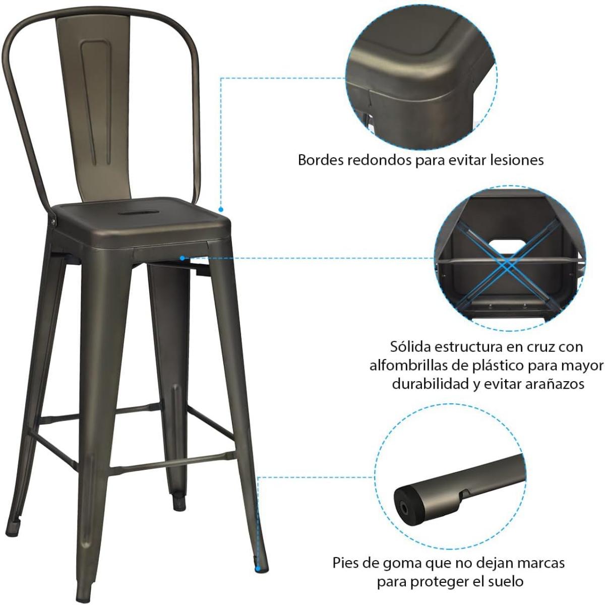 Juego de 4 Taburetes de Bar de Metal con Reposapiés Respaldo Desmontable Sillas de Comeder Aplilables para Cocina 43 x 43 x 116 cm Bronce