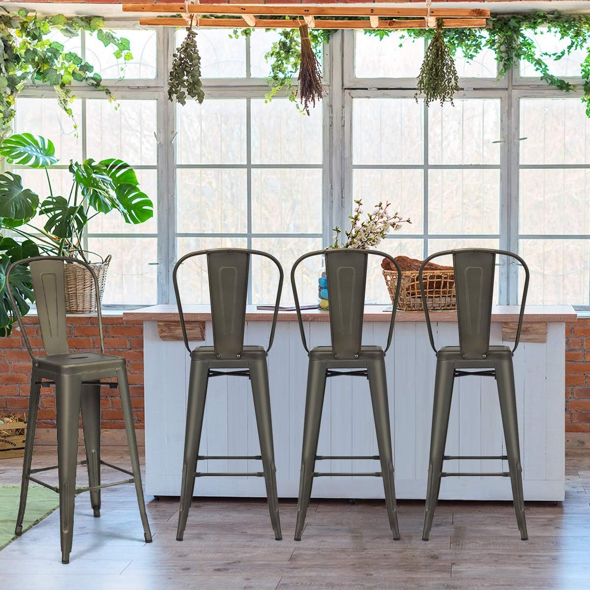 Juego de 4 Taburetes de Bar de Metal con Reposapiés Respaldo Desmontable Sillas de Comeder Aplilables para Cocina 43 x 43 x 116 cm Bronce