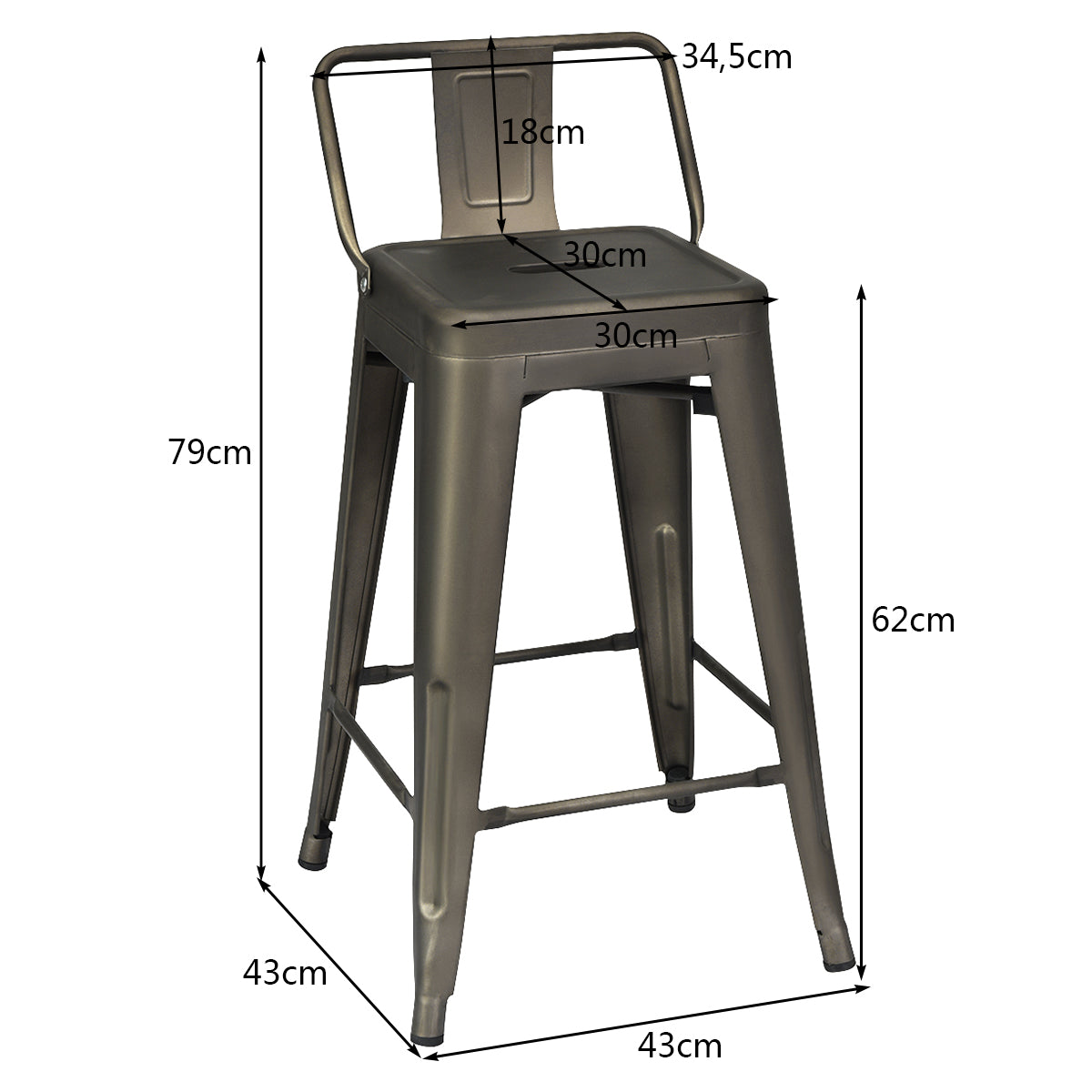 Juego de 4 Taburetes de Bar Sillas de Metal con Respaldo Desmontable de Cafetería Cocina Comedor Exterior 43 x 43 x 79 cm Bronce