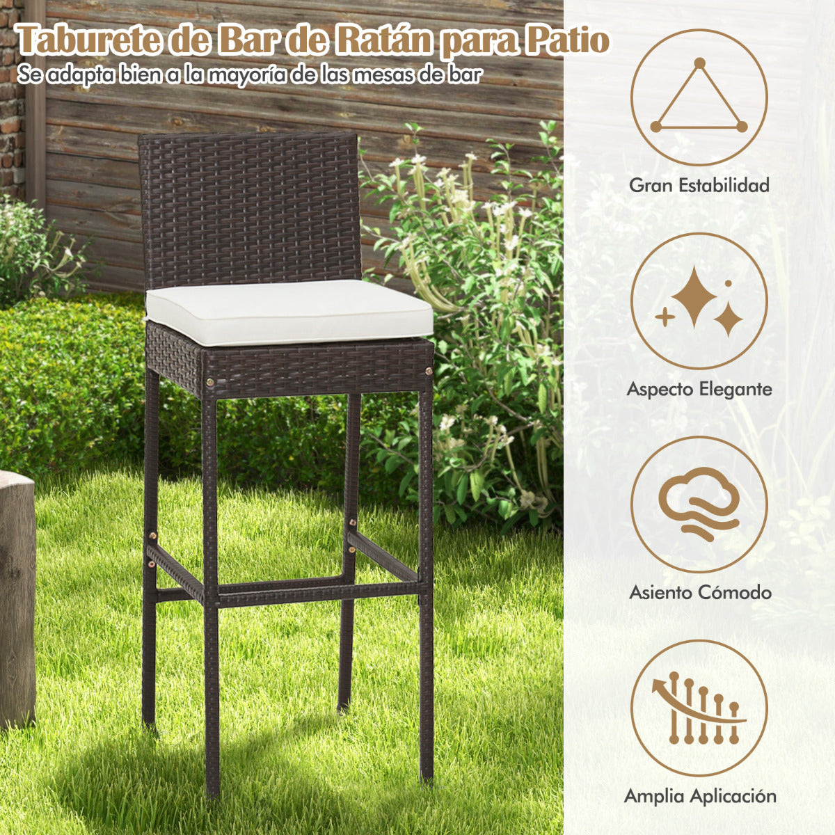 Juego de 2 Taburetes de Mimbre para Patio Silla Alta de Bar con Cojín Respaldo Reposapiés Marco de Metal Hasta 180 kg 50 x 40 x 108 cm