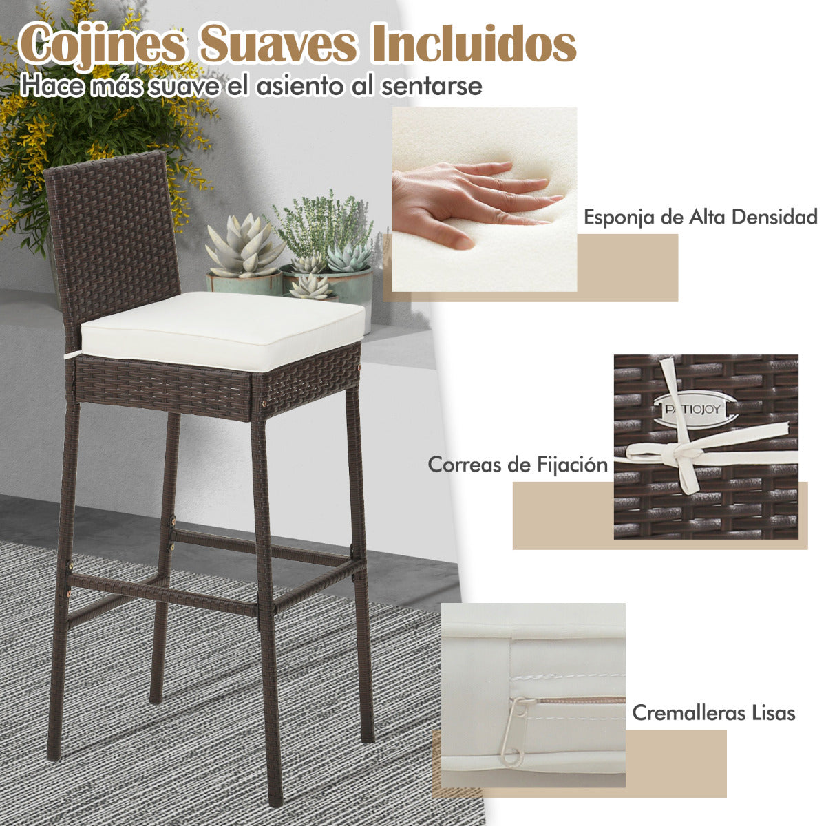Juego de 4 Taburetes de Mimbre para Patio Silla Alta de Bar con Cojín Respaldo Reposapiés Marco de Metal Hasta 180 kg 50 x 40 x 108 cm
