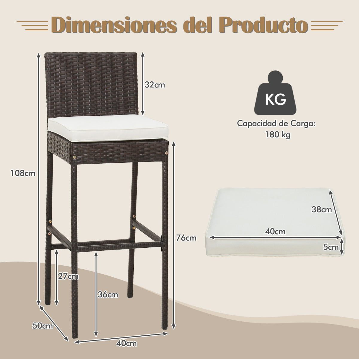 Juego de 4 Taburetes de Mimbre para Patio Silla Alta de Bar con Cojín Respaldo Reposapiés Marco de Metal Hasta 180 kg 50 x 40 x 108 cm